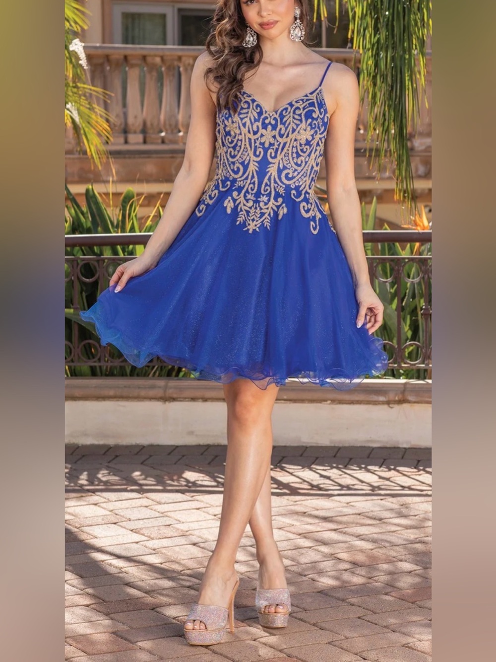 Dancing Queen Royal Blue -Homecoming Dress with Gold Embroidery. Size L
